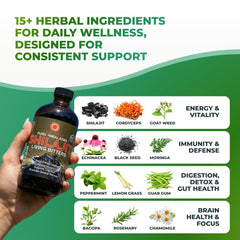 Close-up of Essence Herbs Shilajit Bitters label highlighting natural ingredients.