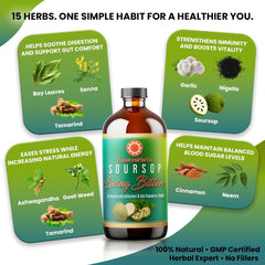 Close-up of Essence Herbs Soursop Bitters label highlighting herbal blend