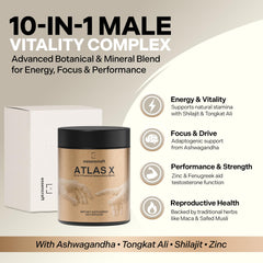 Essencraft Atlas X label closeup highlighting ingredient blend for vitality.