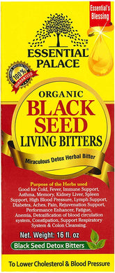 Essential Palace Black Seed Detox bottle closeup highlighting organic ingredients and aroma.