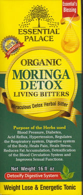 Essential Palace Organic Moringa Living Bitters bottle on a clean counter for daily ritual and flavor.