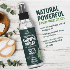 EssentiallyBased eucalyptus shower spray bottle closeup showing 8oz bottle and purity