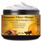 Essentially KateS Cinnamon-Clove-Orange warming lotion bottle releasing warmth for muscles