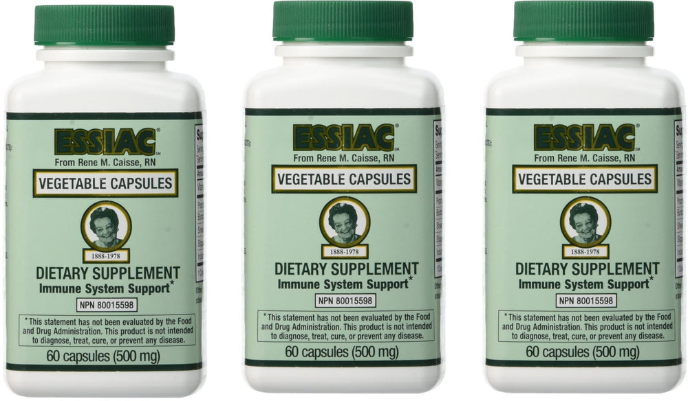 Essiac vegetable caps three-pack bottle for daily wellness.