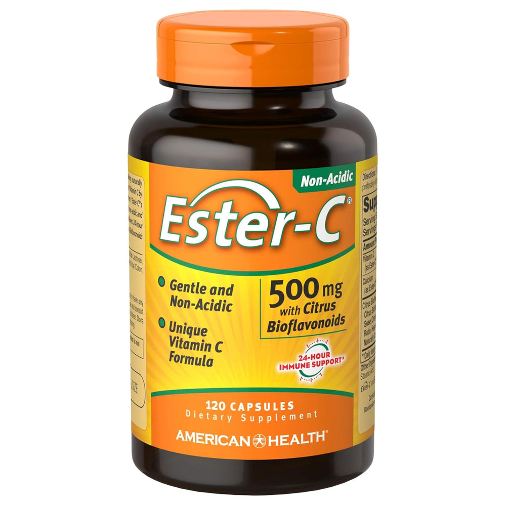 Ester-C bottle front showing gentle daily Vitamin C for broad immune support