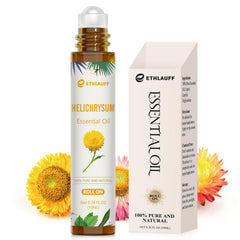 Ethlauff Helichrysum roll-on bottle close-up for skin vitality and calming aroma.