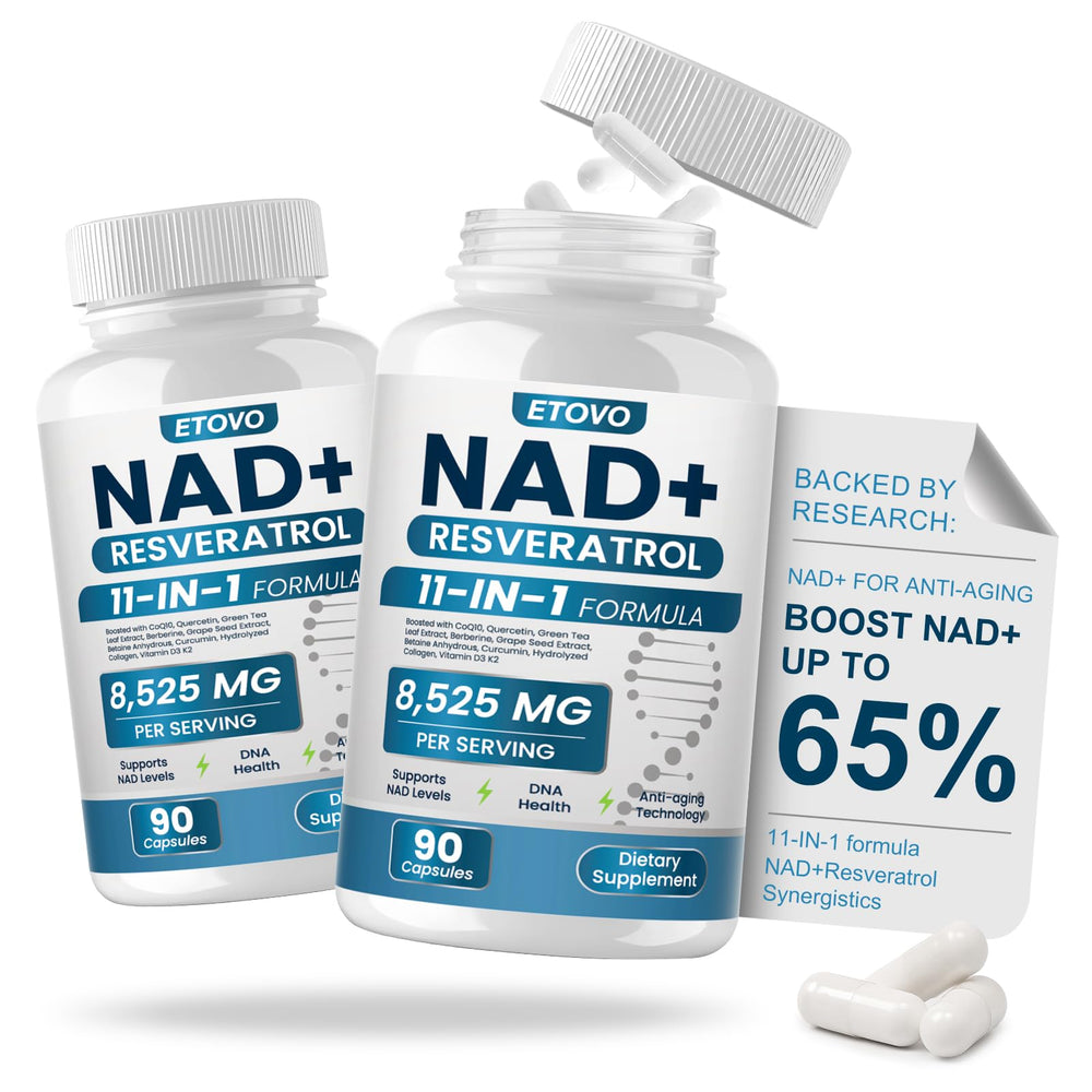 ETOVO NAD+ Plus bottle front showing a two-bottle package for daily vitality.