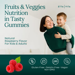 Etta Vita fruits-veggies gummies bottle front highlighting convenience for families