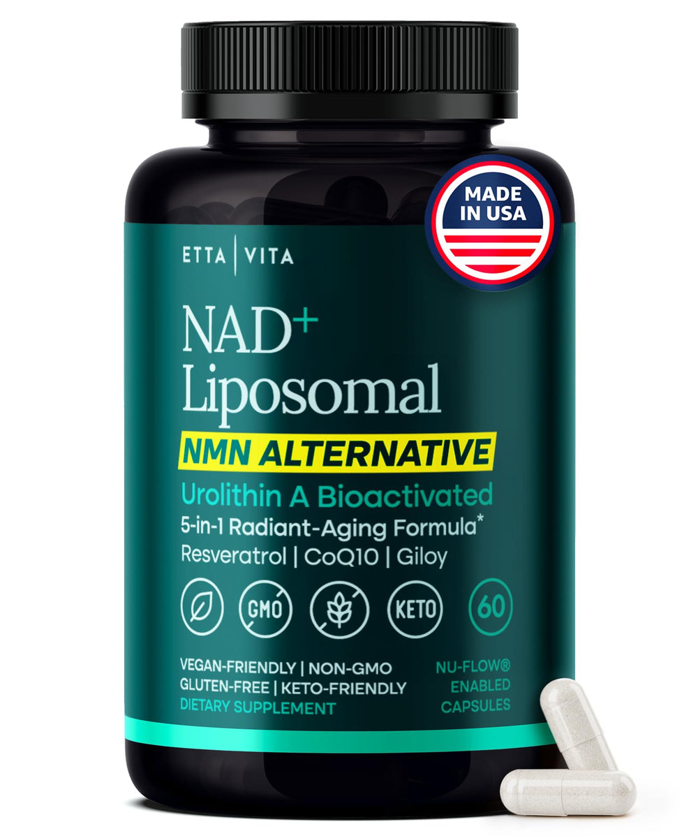 Etta Vita liposomal NAD bottle on a clean surface, highlighting energy support.