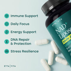 Close-up of Etta Vita liposomal NAD label, signaling premium quality.