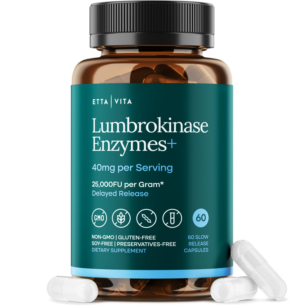 Etta Vita Potent Lumbrokinase bottle front illustrating high-strength enzymes for digestion support.