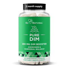 Eu Natural DIM Pure bottle front showcases 60 vegan capsules for balanced energy.