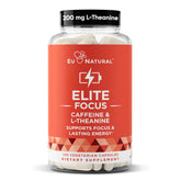 Eu Natural Elite Caffeine Pills bottle front shows clean branding for a jitter-free boost