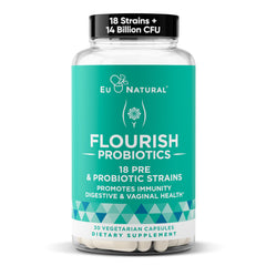 Eu Natural Flourish probiotics bottle highlights women's gut and urinary health.