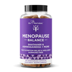 Eu Natural Menopause Balance bottle close-up showing doctor-formulated multi-symptom support