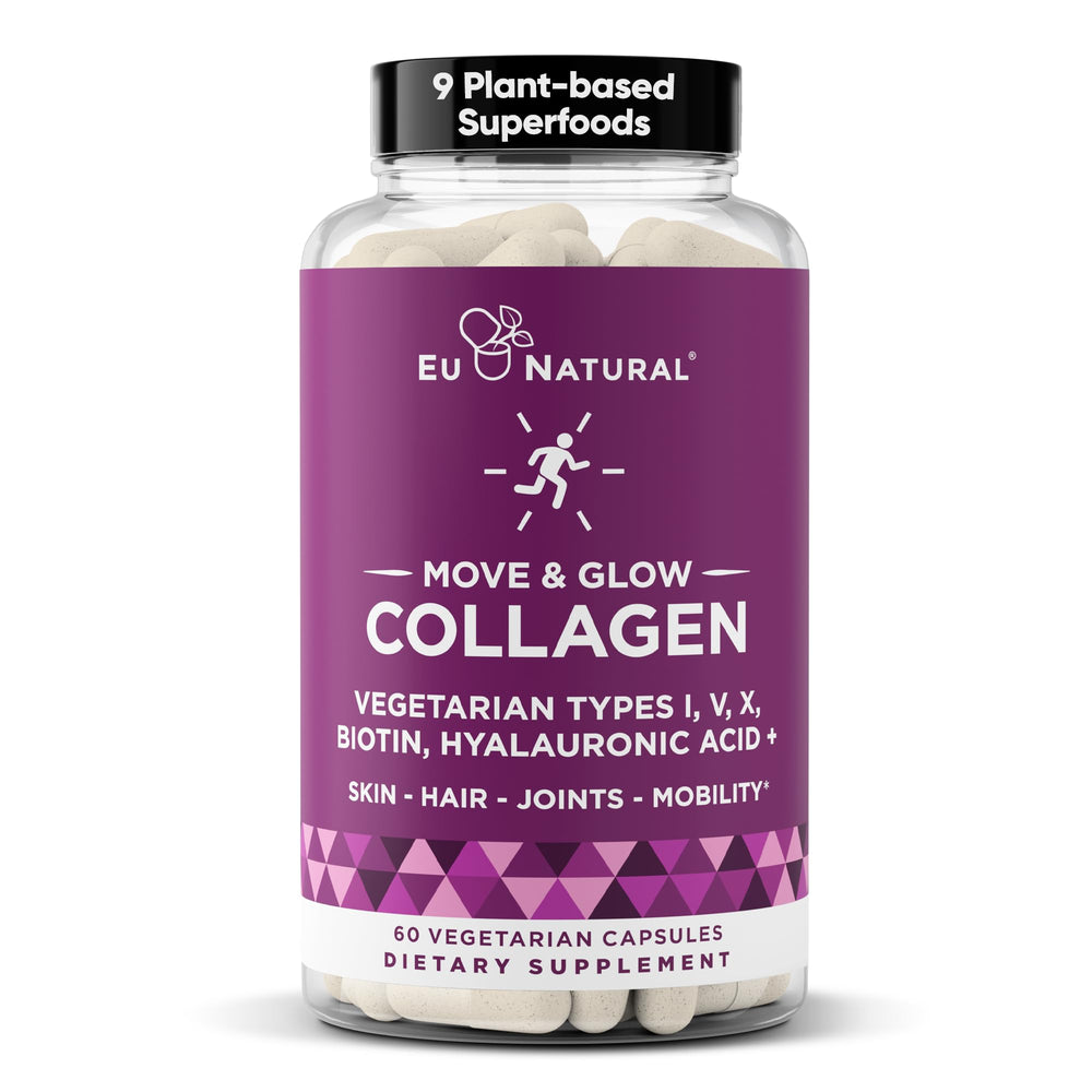 Eu Natural Move & Glow bottle closeup highlighting vegetarian collagen capsules for skin hydration and supporting joints.