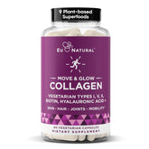 Eu Natural Move & Glow bottle closeup highlighting vegetarian collagen capsules for skin hydration and supporting joints.