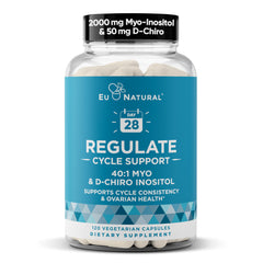 Eu Natural Regulate bottle front showing 120 vegan capsules for cycle support.
