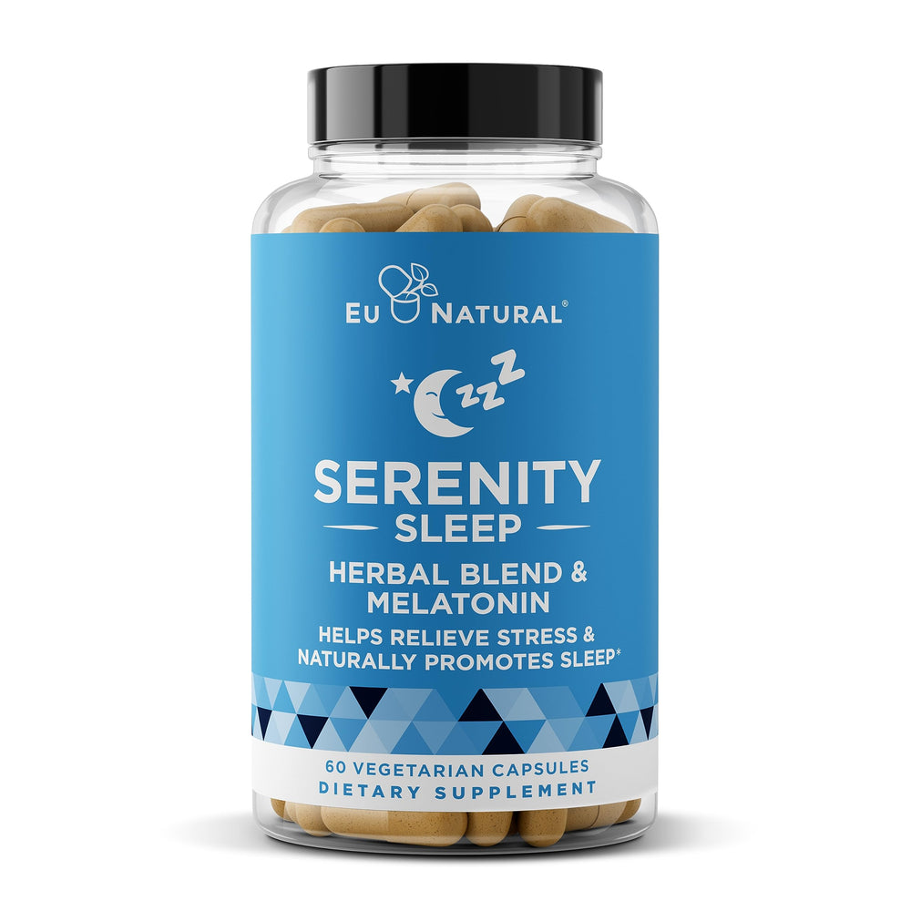 Eu Natural Serenity Sleep bottle front shows a calming, non-habit-forming night aid.