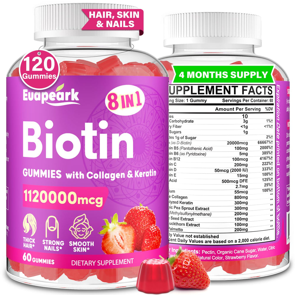 Euapeark Biotin Gummies bottle with strawberry flavor for hair support.
