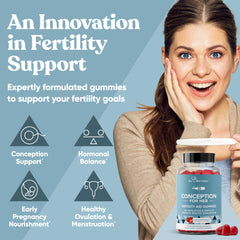 Eu Natural Conception for Her strawberry gummies close-up emphasizes flavor and routine ease