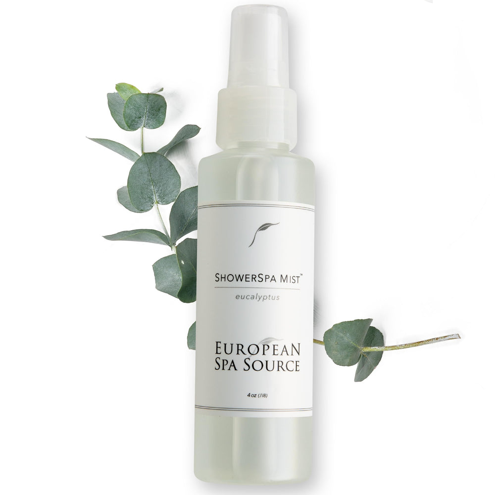 European Spa Source eucalyptus shower spray bottle on shelf for spa-like home fragrance
