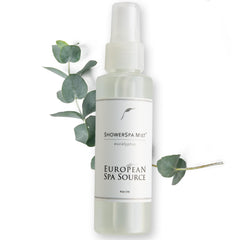 European Spa Source eucalyptus shower spray bottle on shelf for spa-like home fragrance