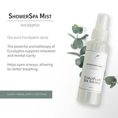 European Spa Source eucalyptus shower spray under running showerhead for inhalation relief
