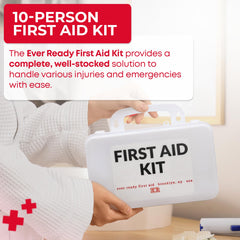 Ever Ready First Aid 10-Person Kit with bandages and gauze for wounds.