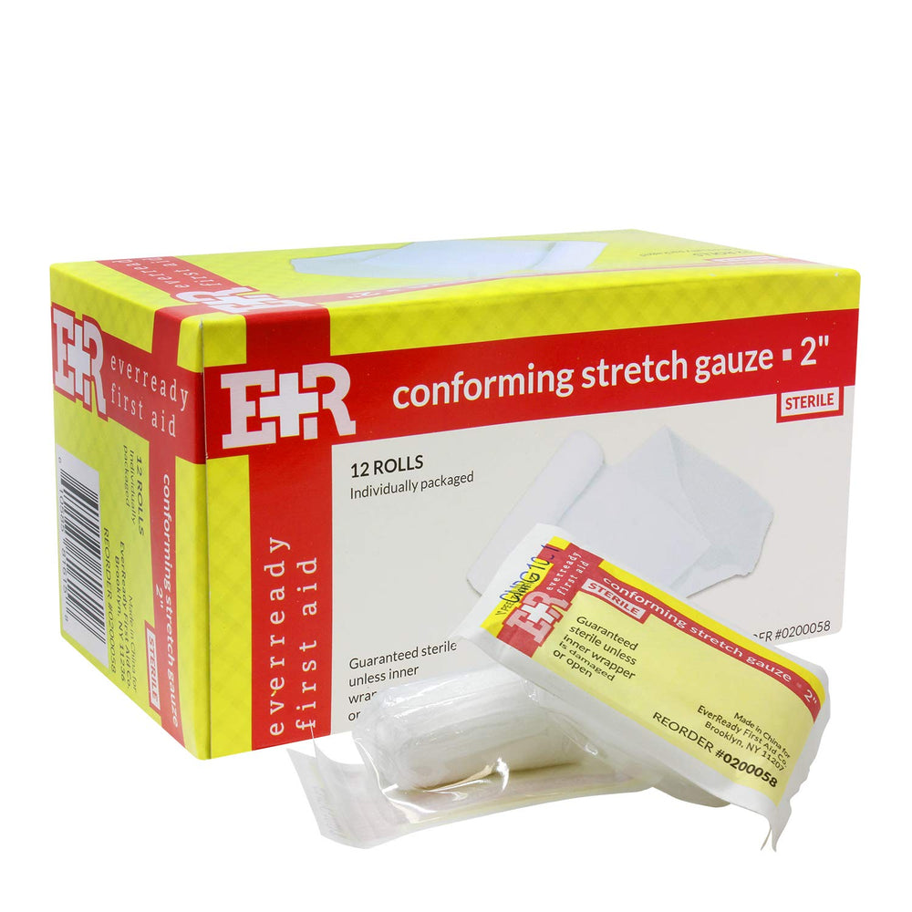 Ever Ready First Aid box of 12 sterile gauze rolls for quick wound coverage.