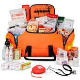 Ever Ready First Aid Large EMT Trauma Bag front view with high-visibility orange exterior for rapid on-site identification.