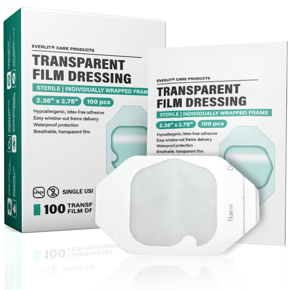 Everlit Care transparent film dressing with large patch and gentle adhesion for easy monitoring.