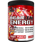 EVL BCAA Lean Energy Powder Fruit Punch tub showing the product and bottle label for energy and recovery use