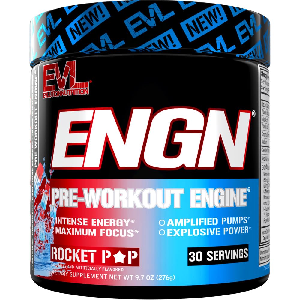 EVL ENGN pre-workout tub label shows a focused energy blend for workouts.