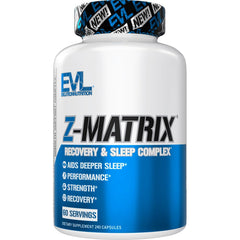 EVL Post Workout Recovery bottle highlights zinc and magnesium for muscle support