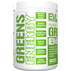 EVL Super Greens ingredients panel features diverse superfoods for daily wellness.