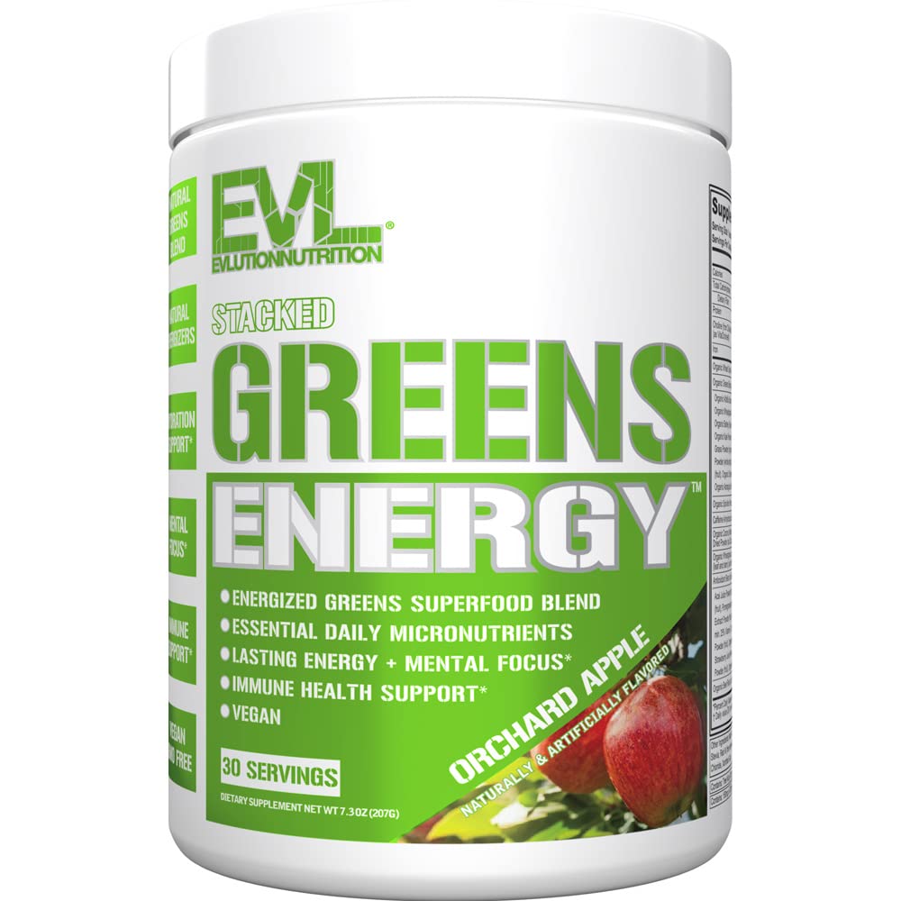 EVL Super Greens powder tub close-up highlighting a nutrient-rich blend for daily energy.