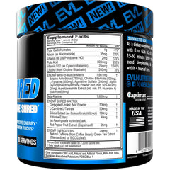 EVL ENGN Shred Blue Raz jar label emphasizing focus and fat-burn support