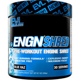EVL Ultimate Pre Workout Blue Raz scoop close-up highlighting energizing blend