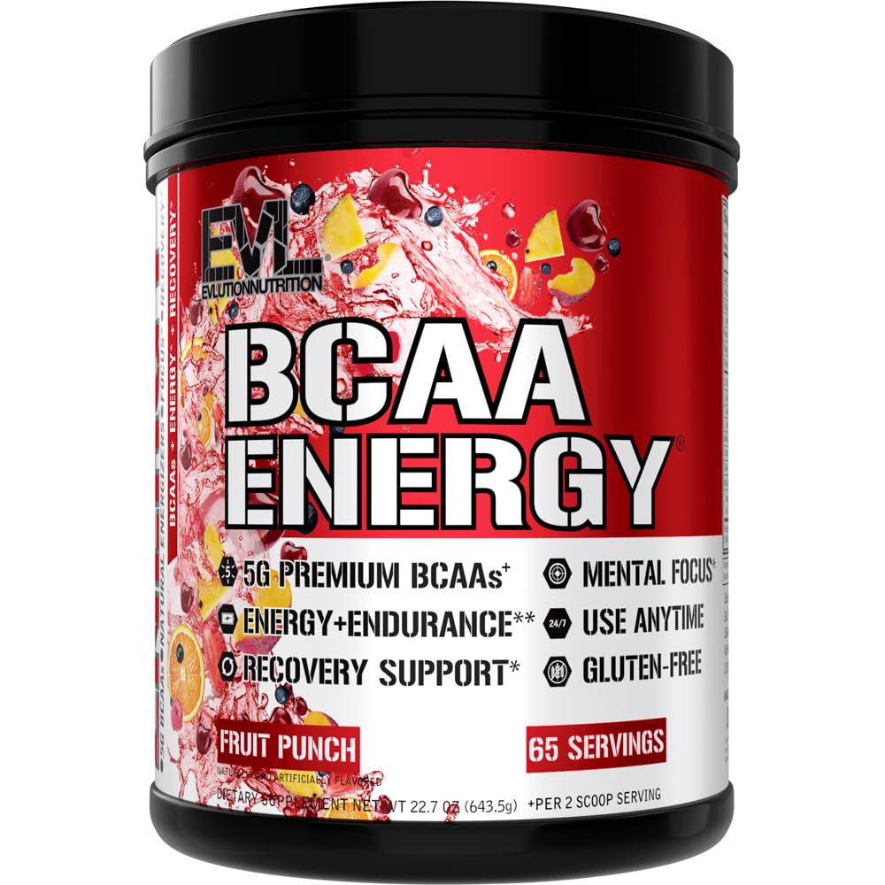 EVL BCAAs tub front showing Fruit Punch flavor for pre-workout energy
