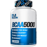 EVL BCAA5000 capsules pack label close-up shows 5 g per serving for recovery support.