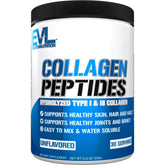 Evlution Collagen Peptides powder tub front showing ultra-pure formula for skin and joints