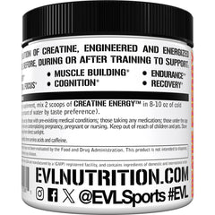 Front label of Evlution Creatine Energy notes flavor and caffeine.