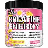 Evlution Creatine Energy pink lemonade tub boosts workout energy.