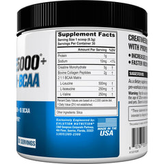 EVL Creatine 5000 + Collagen + BCAA jar label highlighting ingredients and benefits.