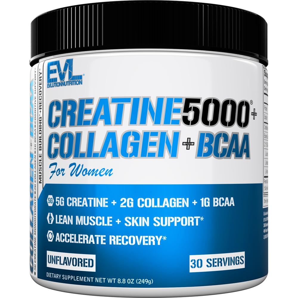 EVL Creatine 5000 + Collagen + BCAA powder in a jar, unflavored, for workouts and recovery.