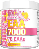 EVLUTION EAA7000 pink lemonade tub with label highlighting essential amino acids for workout support