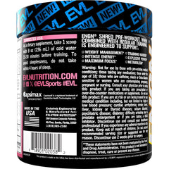 Evlution ENGN Shred ingredients panel highlights beta alanine and green tea extracts for focus