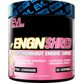 Evlution ENGN Shred pink lemonade tub showing powder texture for endurance