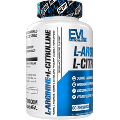 EVLution label shows 500 mg L-Arginine and L-Citrulline per capsule